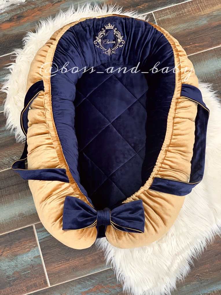 Royal Blue Velvet Baby Nest for Newborn Boys - Customizable with Removable Mattress
