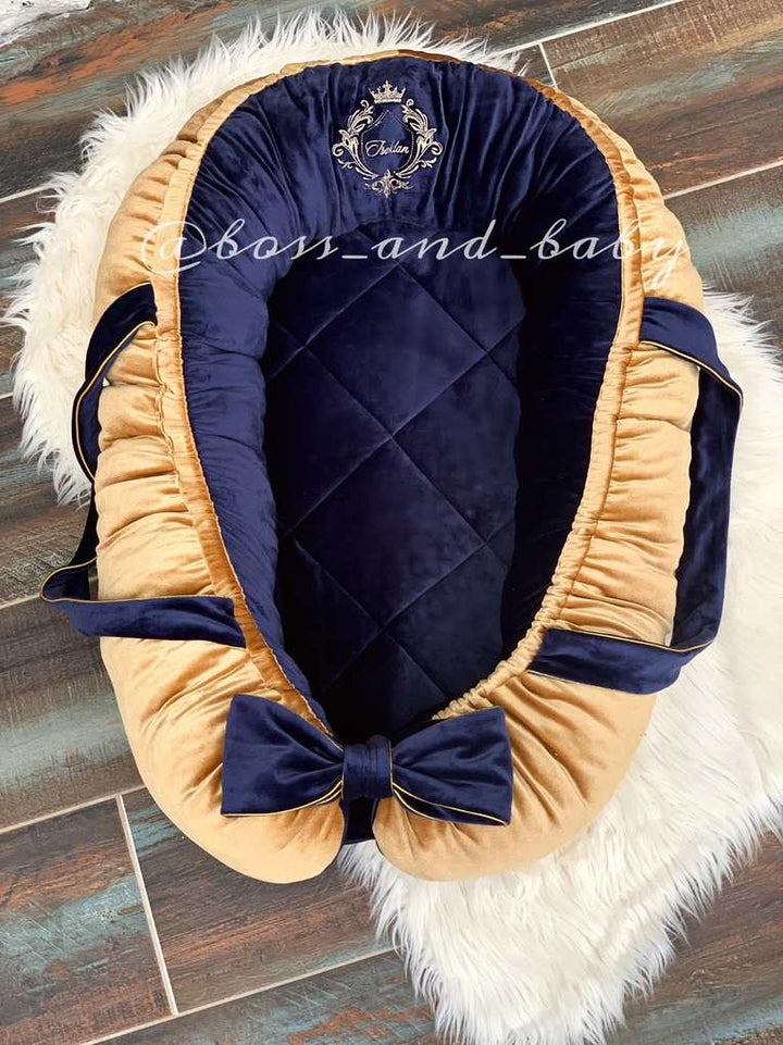 Royal Blue Velvet Baby Nest for Newborn Boys - Customizable with Removable Mattress