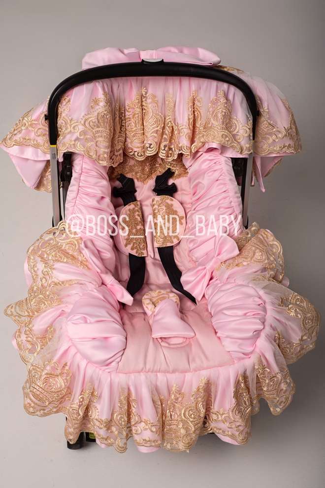 Baby Girl Luxury Pink & Gold Lace Custom Stroller Seat Cover Set - Personalized Doona Accessory, Soft Leather Finish