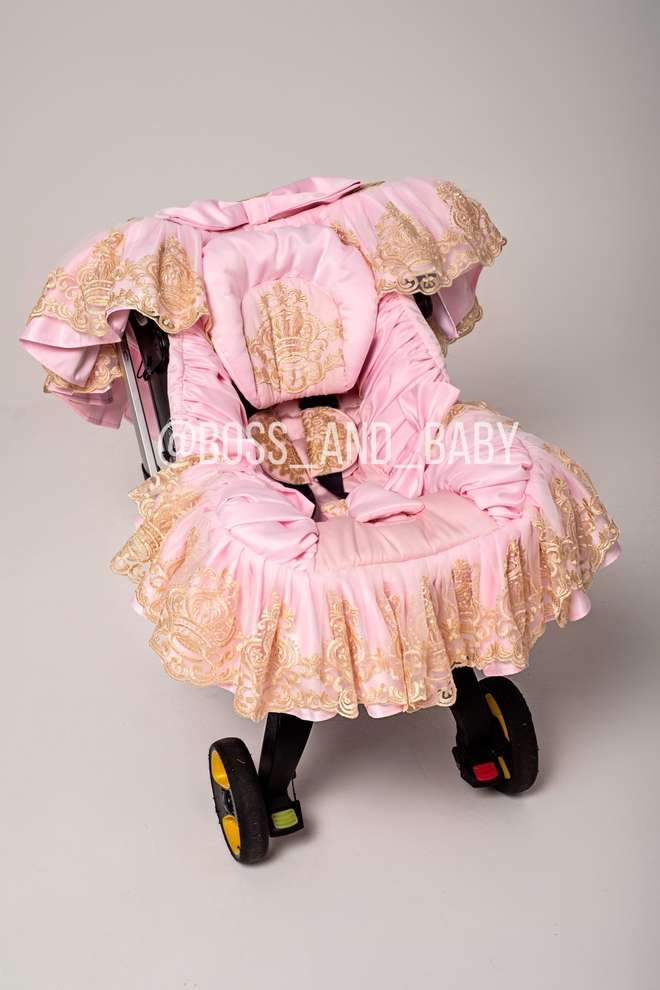Baby Girl Luxury Pink & Gold Lace Custom Stroller Seat Cover Set - Personalized Doona Accessory, Soft Leather Finish