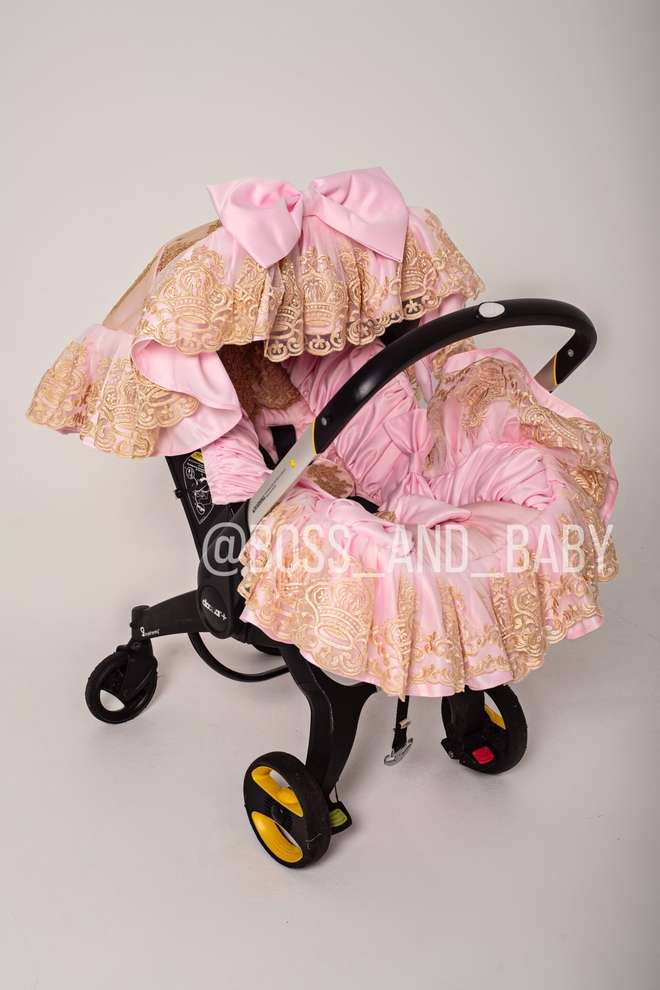 Baby Girl Luxury Pink & Gold Lace Custom Stroller Seat Cover Set - Personalized Doona Accessory, Soft Leather Finish