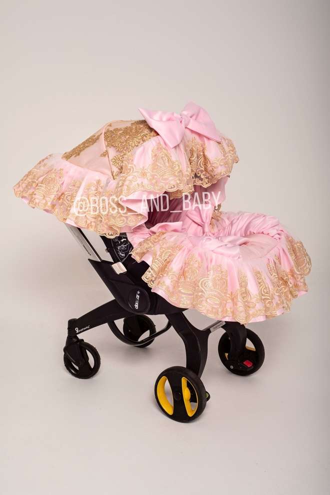 Baby Girl Luxury Pink & Gold Lace Custom Stroller Seat Cover Set - Personalized Doona Accessory, Soft Leather Finish