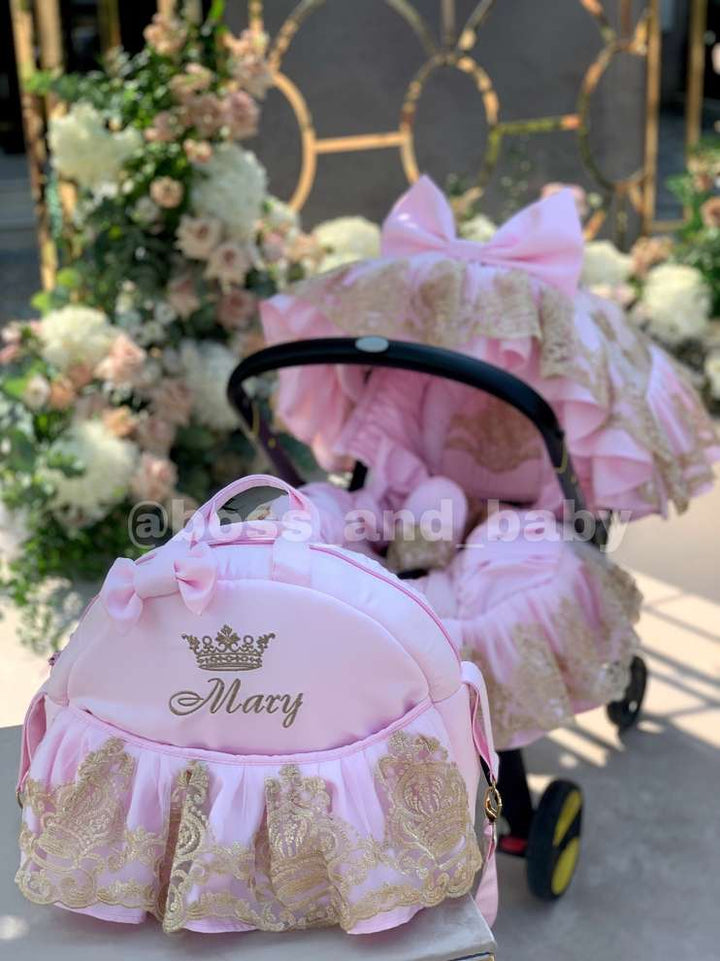 Baby Girl Luxury Pink & Gold Lace Custom Stroller Seat Cover Set - Personalized Doona Accessory, Soft Leather Finish