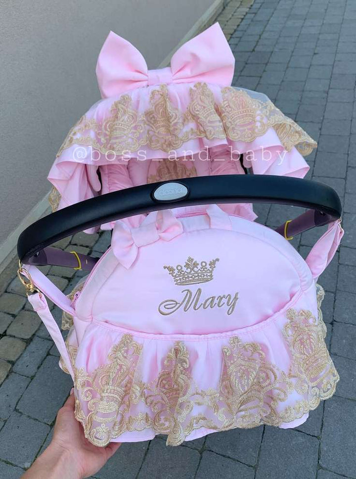 Baby Girl Luxury Pink & Gold Lace Custom Stroller Seat Cover Set - Personalized Doona Accessory, Soft Leather Finish