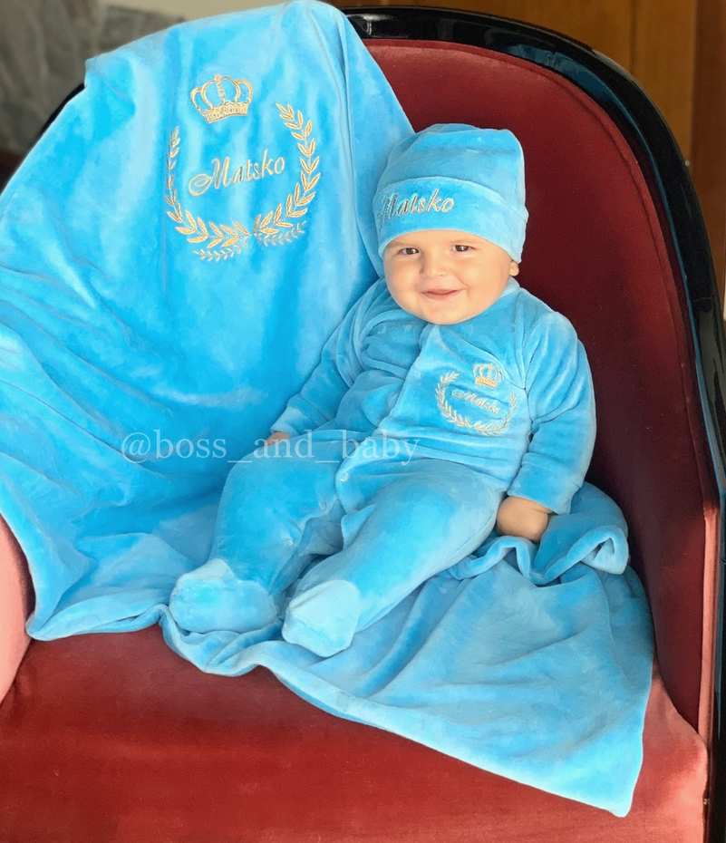 Baby Blue Velvet Coming Home Outfit Set - Soft and Stylish Newborn Clothes with Monogrammed Blanket