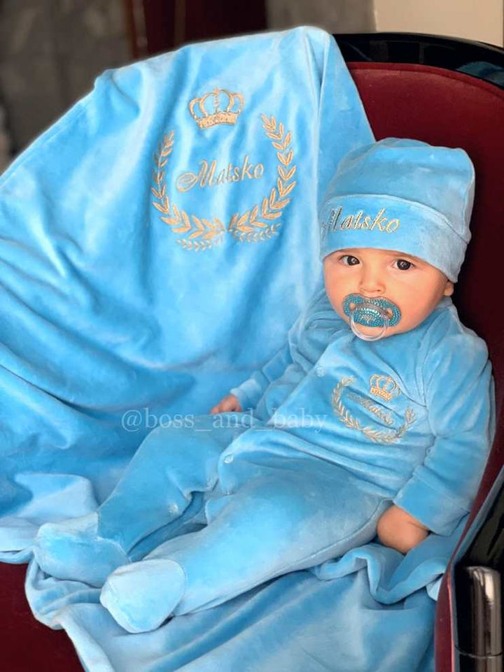 Baby Blue Velvet Coming Home Outfit Set - Soft and Stylish Newborn Clothes with Monogrammed Blanket
