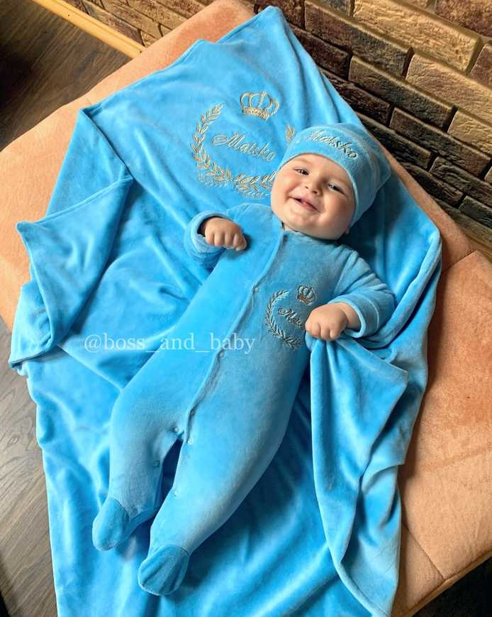 Baby Blue Velvet Coming Home Outfit Set - Soft and Stylish Newborn Clothes with Monogrammed Blanket