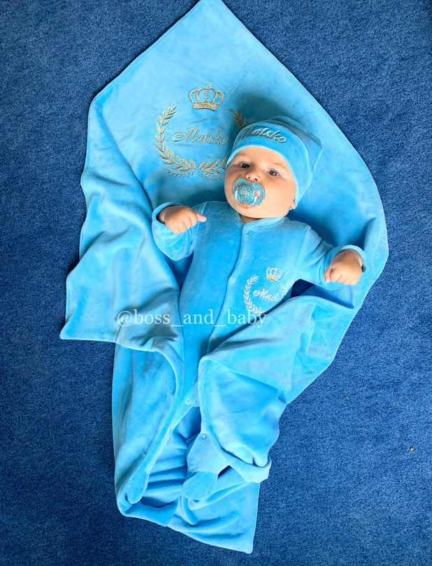 Baby Blue Velvet Coming Home Outfit Set - Soft and Stylish Newborn Clothes with Monogrammed Blanket