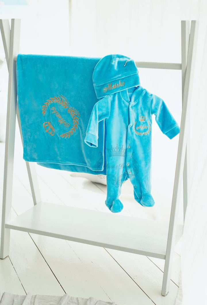 Baby Blue Velvet Coming Home Outfit Set - Soft and Stylish Newborn Clothes with Monogrammed Blanket