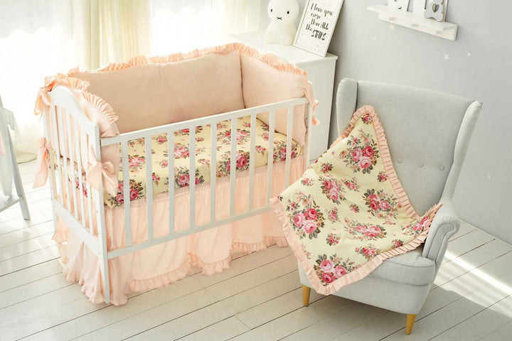Farmhouse Theme Peach Floral Baby Girl Crib Bedding Set Ruffled Skirt