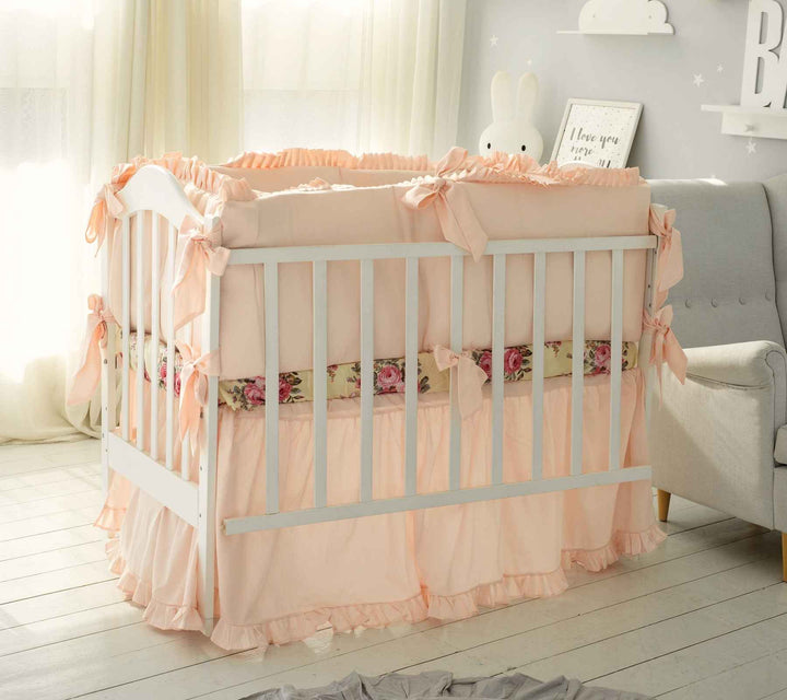 Farmhouse Theme Peach Floral Baby Girl Crib Bedding Set Ruffled Skirt