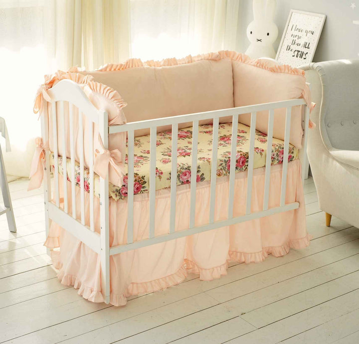 Farmhouse Theme Peach Floral Baby Girl Crib Bedding Set Ruffled Skirt