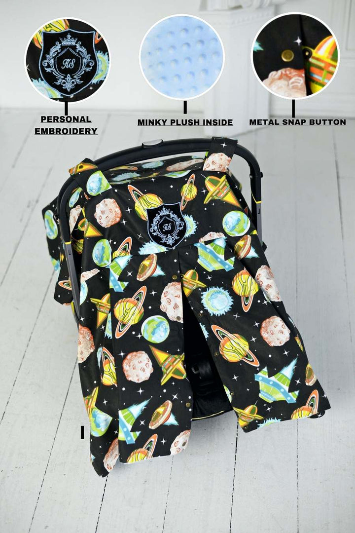 Personalized Space-Themed Car Seat Canopy - Rocket Ship Baby Cover | Custom Minky Blanket & Monogrammed Infant Cover