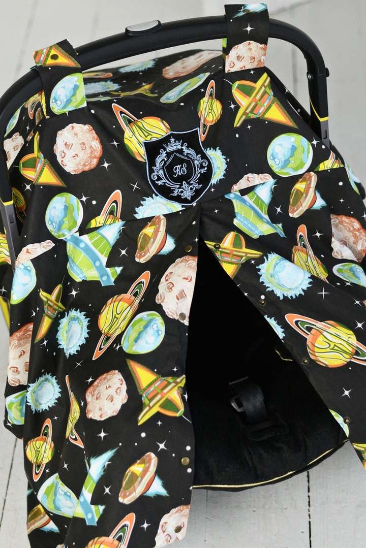 Personalized Space-Themed Car Seat Canopy - Rocket Ship Baby Cover | Custom Minky Blanket & Monogrammed Infant Cover