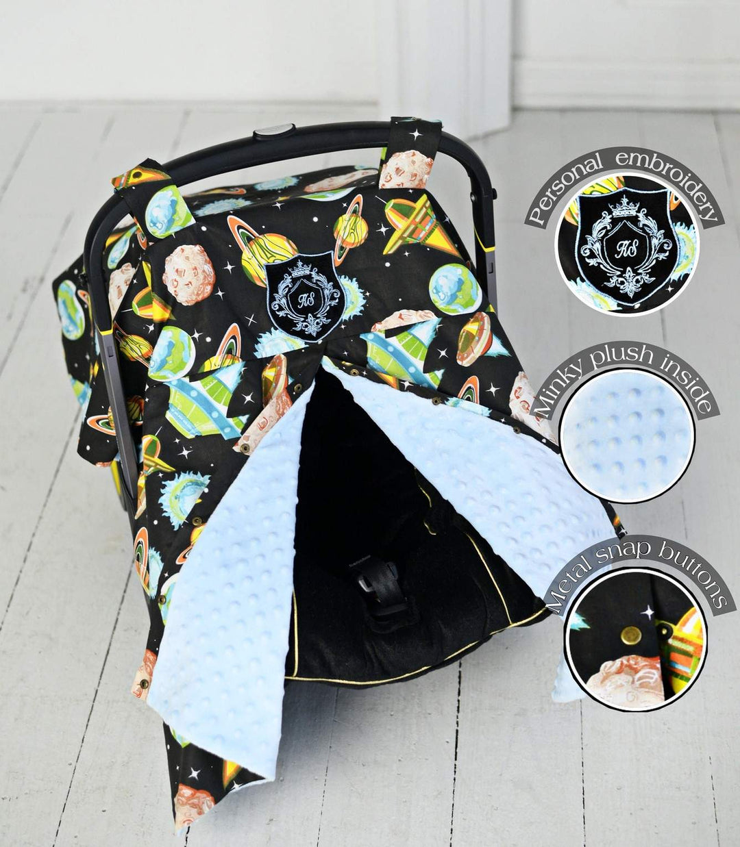 Personalized Space-Themed Car Seat Canopy - Rocket Ship Baby Cover | Custom Minky Blanket & Monogrammed Infant Cover