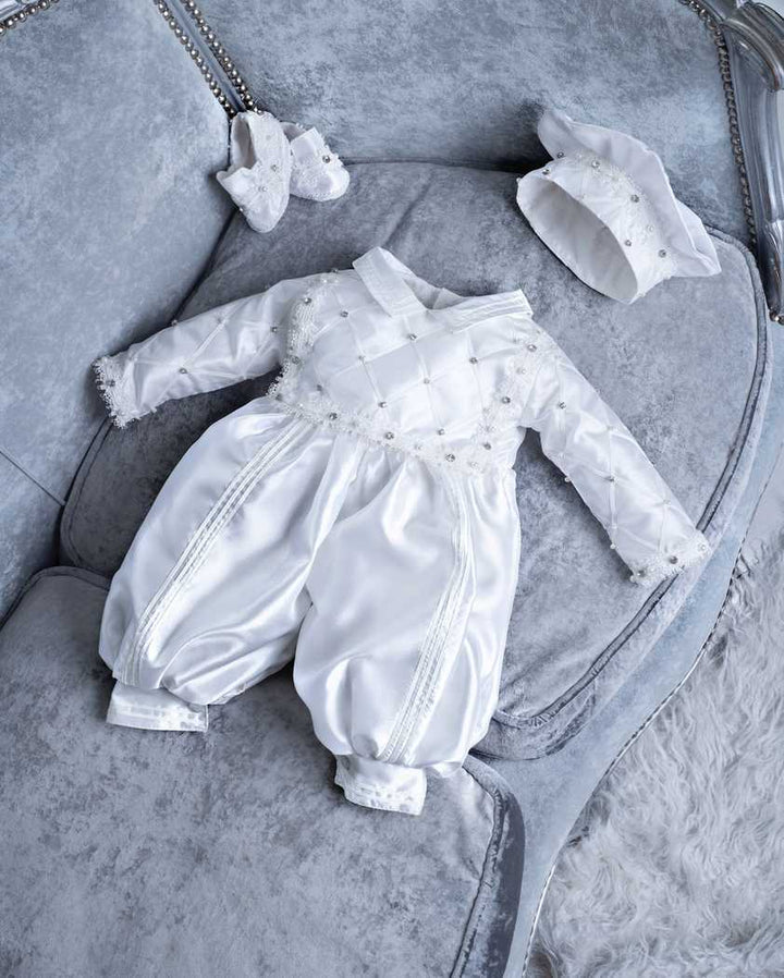 Handmade Baptism Gown with Pearls and Rhinestones - Heirloom Quality