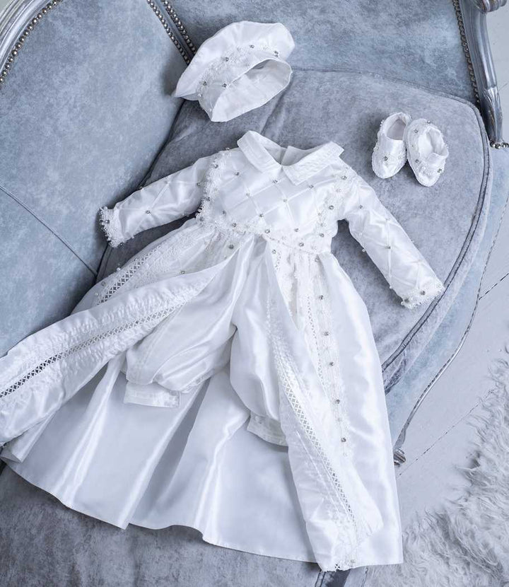 Handmade Baptism Gown with Pearls and Rhinestones - Heirloom Quality