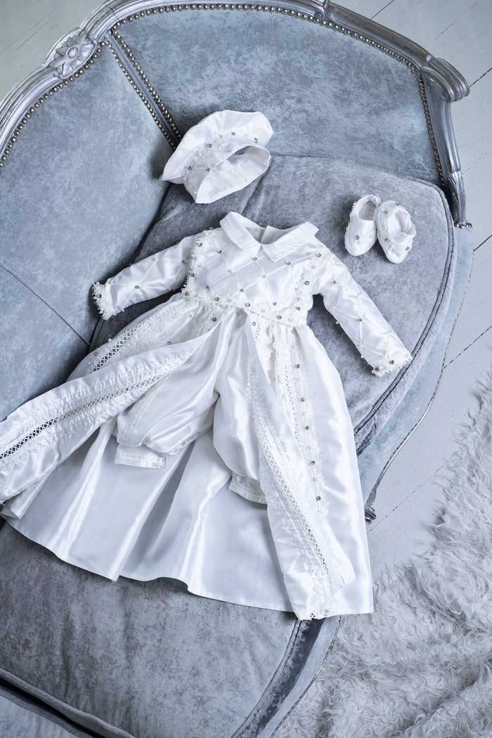 Handmade Baptism Gown with Pearls and Rhinestones - Heirloom Quality