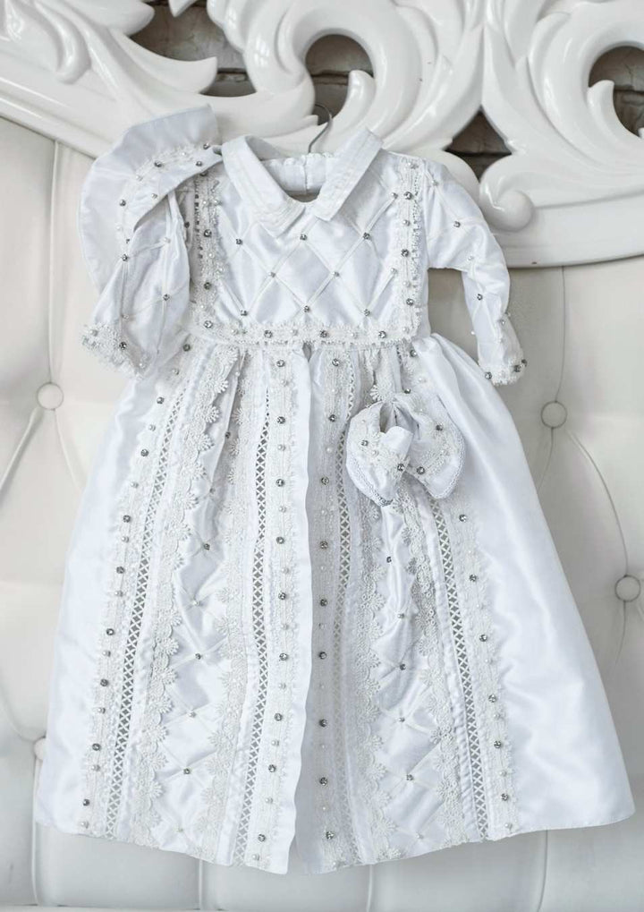 Handmade Baptism Gown with Pearls and Rhinestones - Heirloom Quality