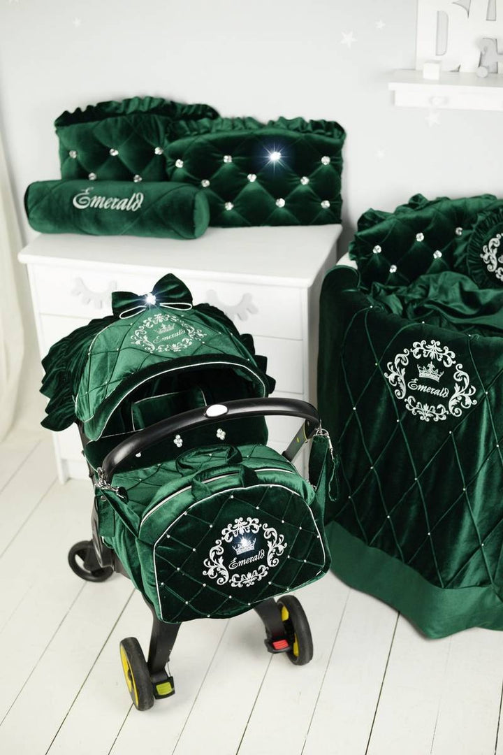 Luxury Emerald Green Doona Soft Car Seat Cover Set, Velvet Canopy & Matching Accessories, Comfortable Infant Travel