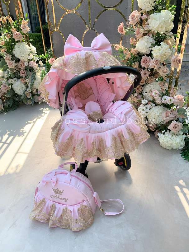Baby Girl Luxury Pink & Gold Lace Custom Stroller Seat Cover Set - Personalized Doona Accessory, Soft Leather Finish