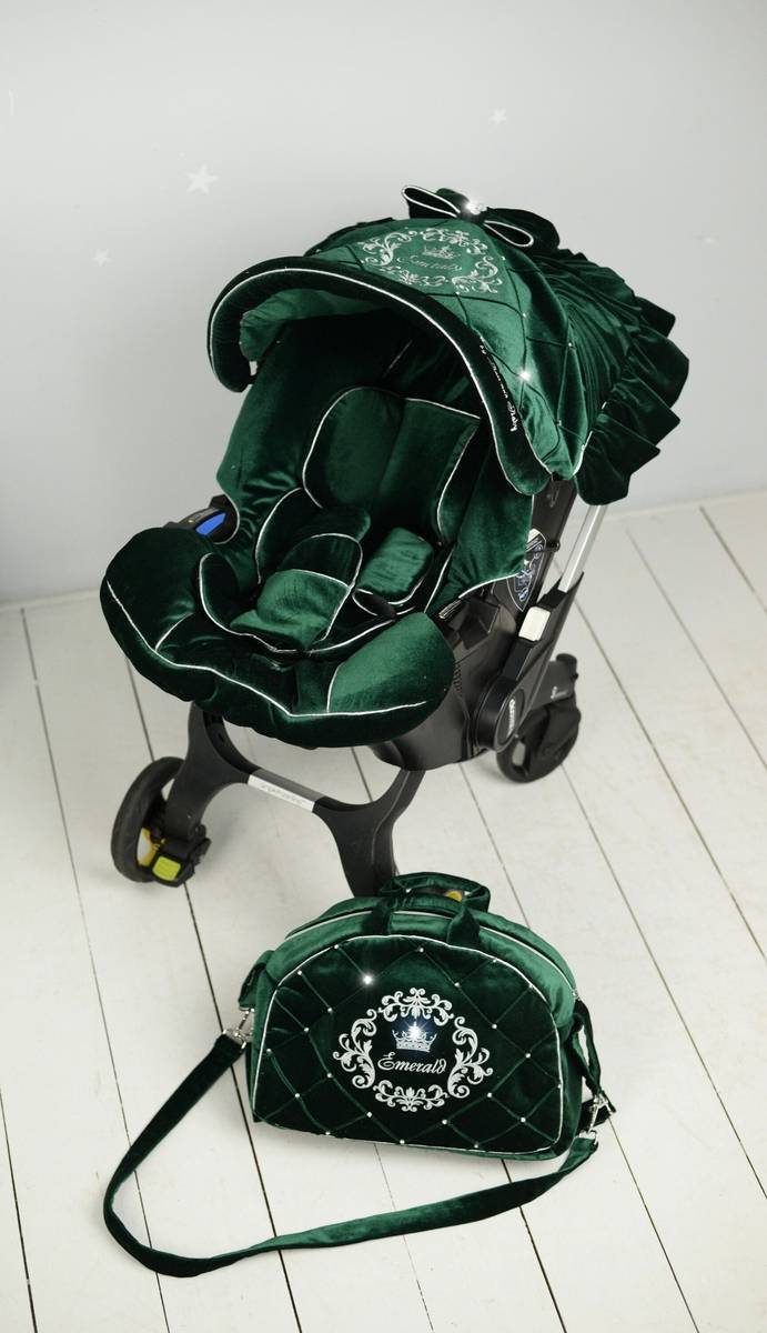Luxury Emerald Green Doona Soft Car Seat Cover Set, Velvet Canopy & Matching Accessories, Comfortable Infant Travel