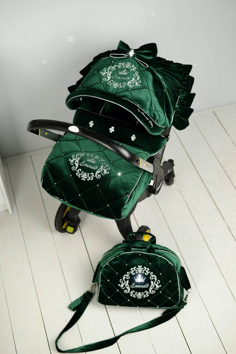 Luxury Emerald Green Doona Soft Car Seat Cover Set, Velvet Canopy & Matching Accessories, Comfortable Infant Travel