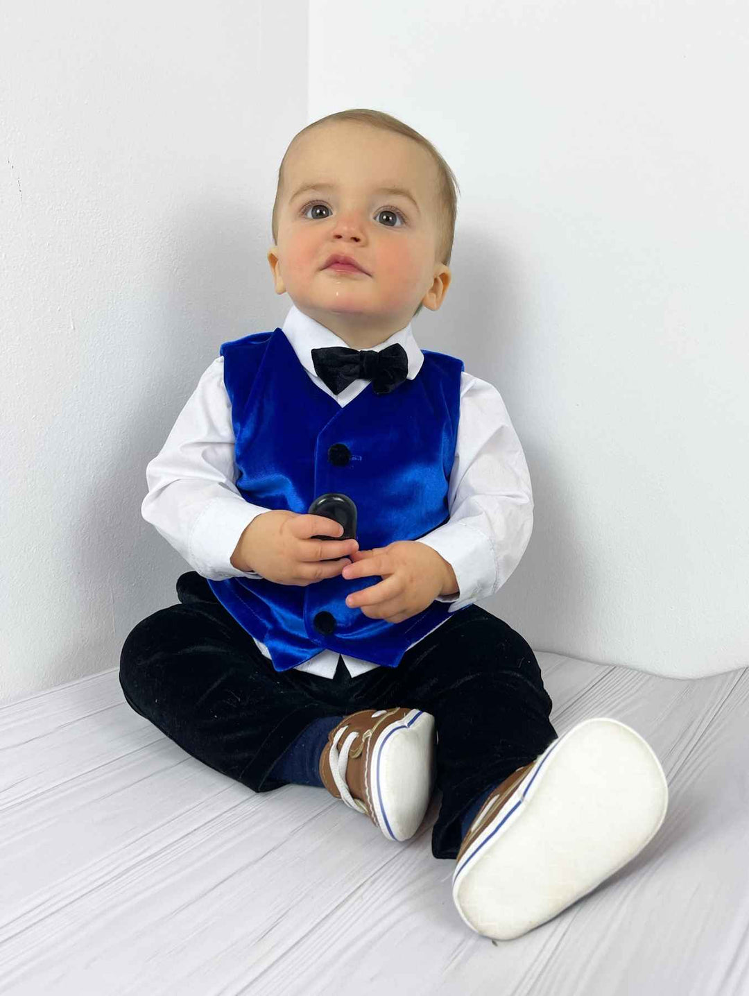 Baby Boy Velvet Tuxedo with Royal Blue Jacket, Black Collar, and Bow Tie