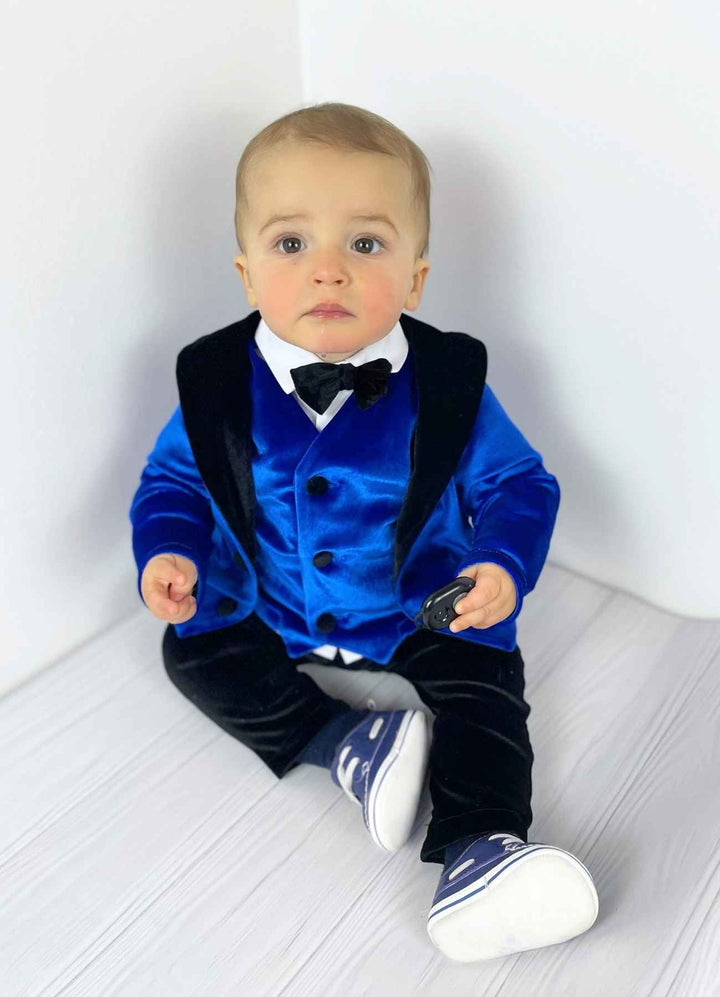 Baby Boy Velvet Tuxedo with Royal Blue Jacket, Black Collar, and Bow Tie