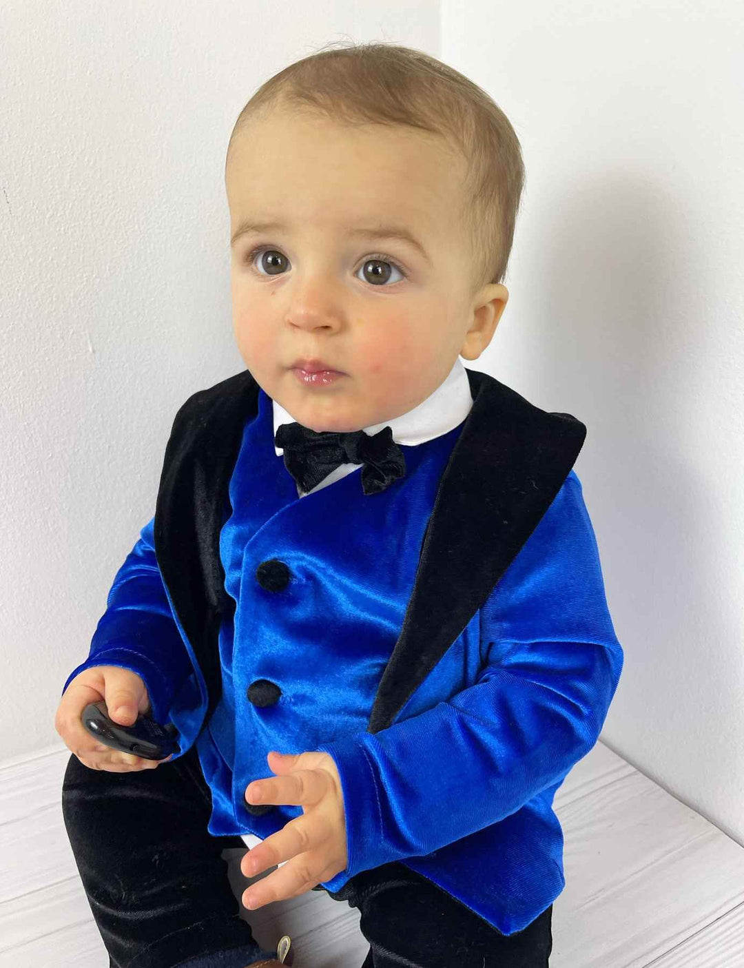 Baby Boy Velvet Tuxedo with Royal Blue Jacket, Black Collar, and Bow Tie