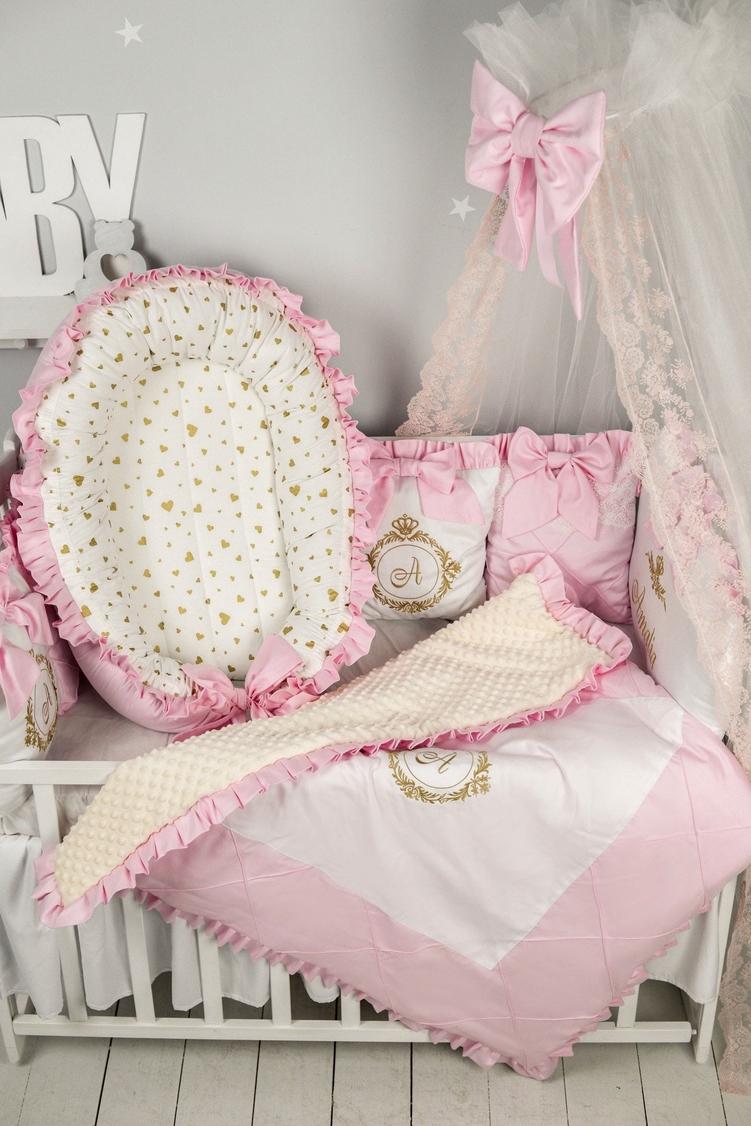 Luxury Pink & Ivory Baby Girl Bedding Set - Personalized Crib Bedding with Canopy, Lace & Embroidery