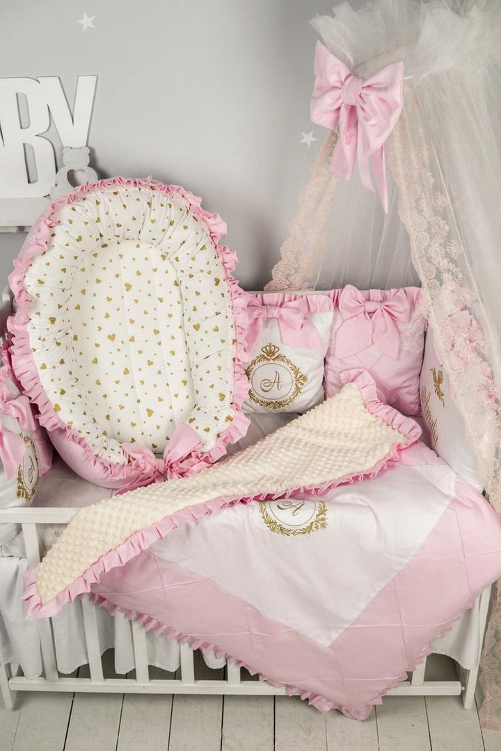 Luxury Pink & Ivory Baby Girl Bedding Set - Personalized Crib Bedding with Canopy, Lace & Embroidery