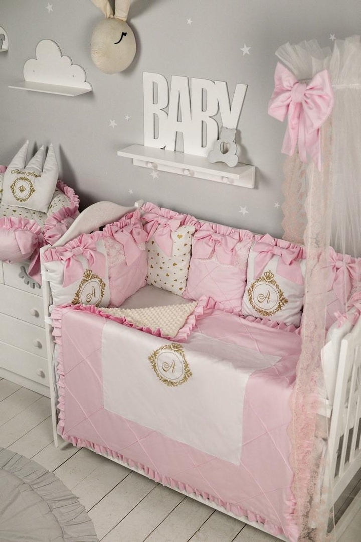 Luxury Pink & Ivory Baby Girl Bedding Set - Personalized Crib Bedding with Canopy, Lace & Embroidery