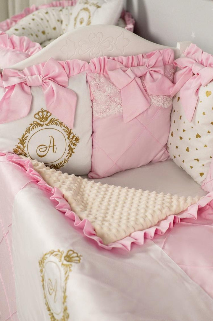 Luxury Pink & Ivory Baby Girl Bedding Set - Personalized Crib Bedding with Canopy, Lace & Embroidery