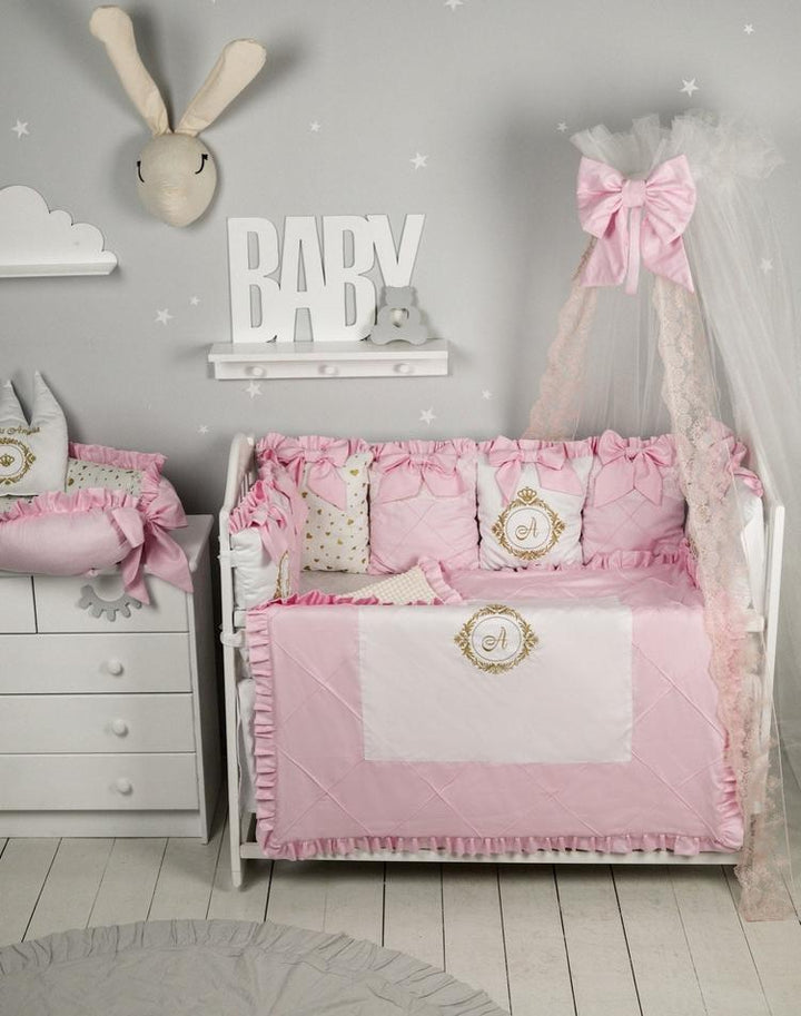 Luxury Pink & Ivory Baby Girl Bedding Set - Personalized Crib Bedding with Canopy, Lace & Embroidery