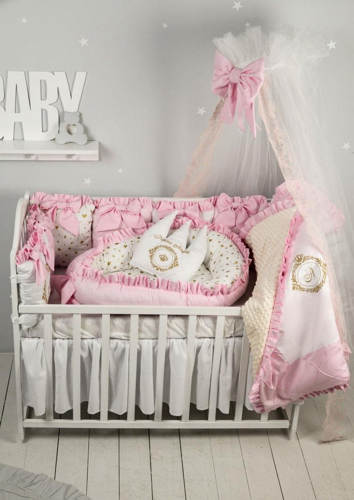 Luxury Pink & Ivory Baby Girl Bedding Set - Personalized Crib Bedding with Canopy, Lace & Embroidery