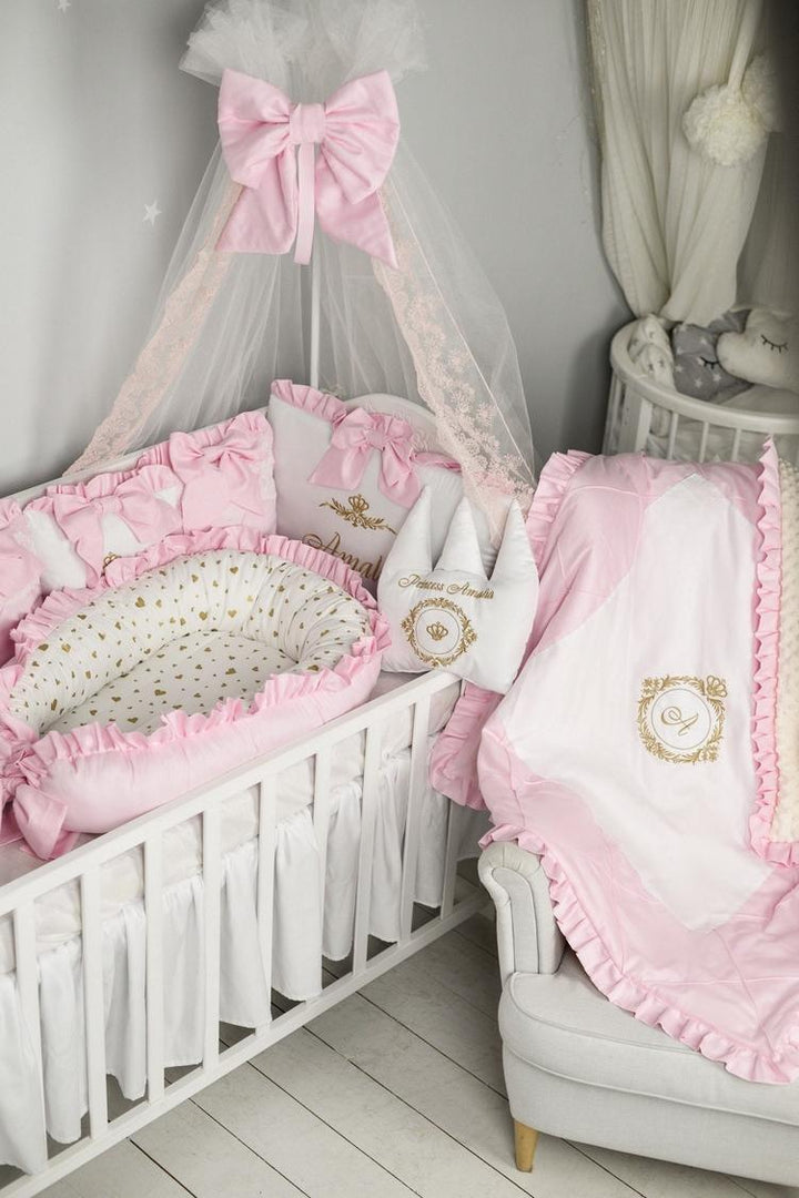 Luxury Pink & Ivory Baby Girl Bedding Set - Personalized Crib Bedding with Canopy, Lace & Embroidery