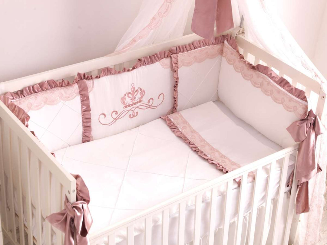 Luxury Baby Girl Bedding Set in Dusty Pink and White with Ruffles, Lace, and Crown Embroidery – Organic Cotton for a Floral Nursery Theme