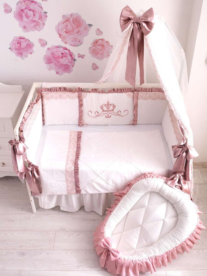 Luxury Baby Girl Bedding Set in Dusty Pink and White with Ruffles, Lace, and Crown Embroidery – Organic Cotton for a Floral Nursery Theme