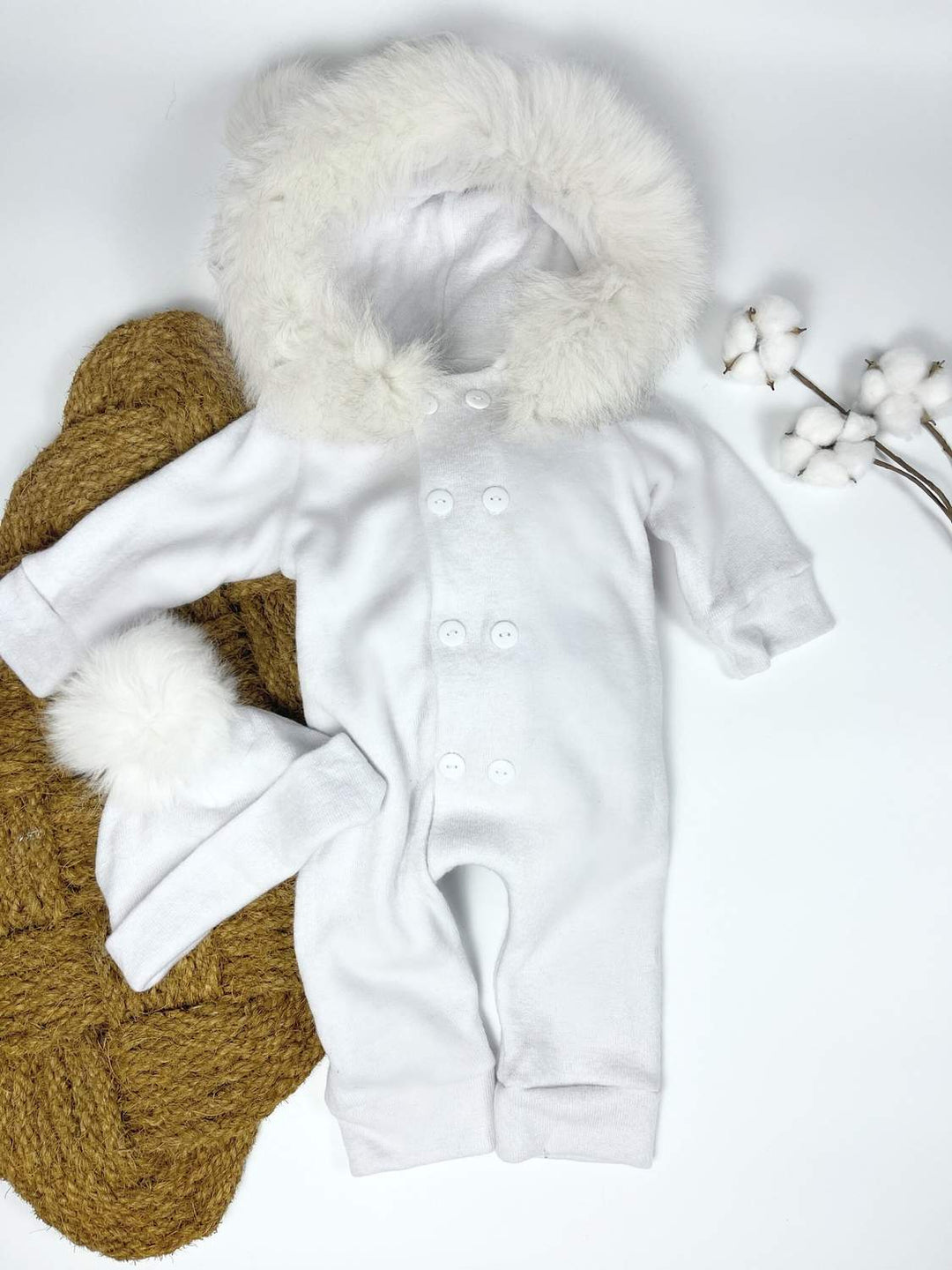 Cozy Baby Romper with Fur Trim - Snowy White