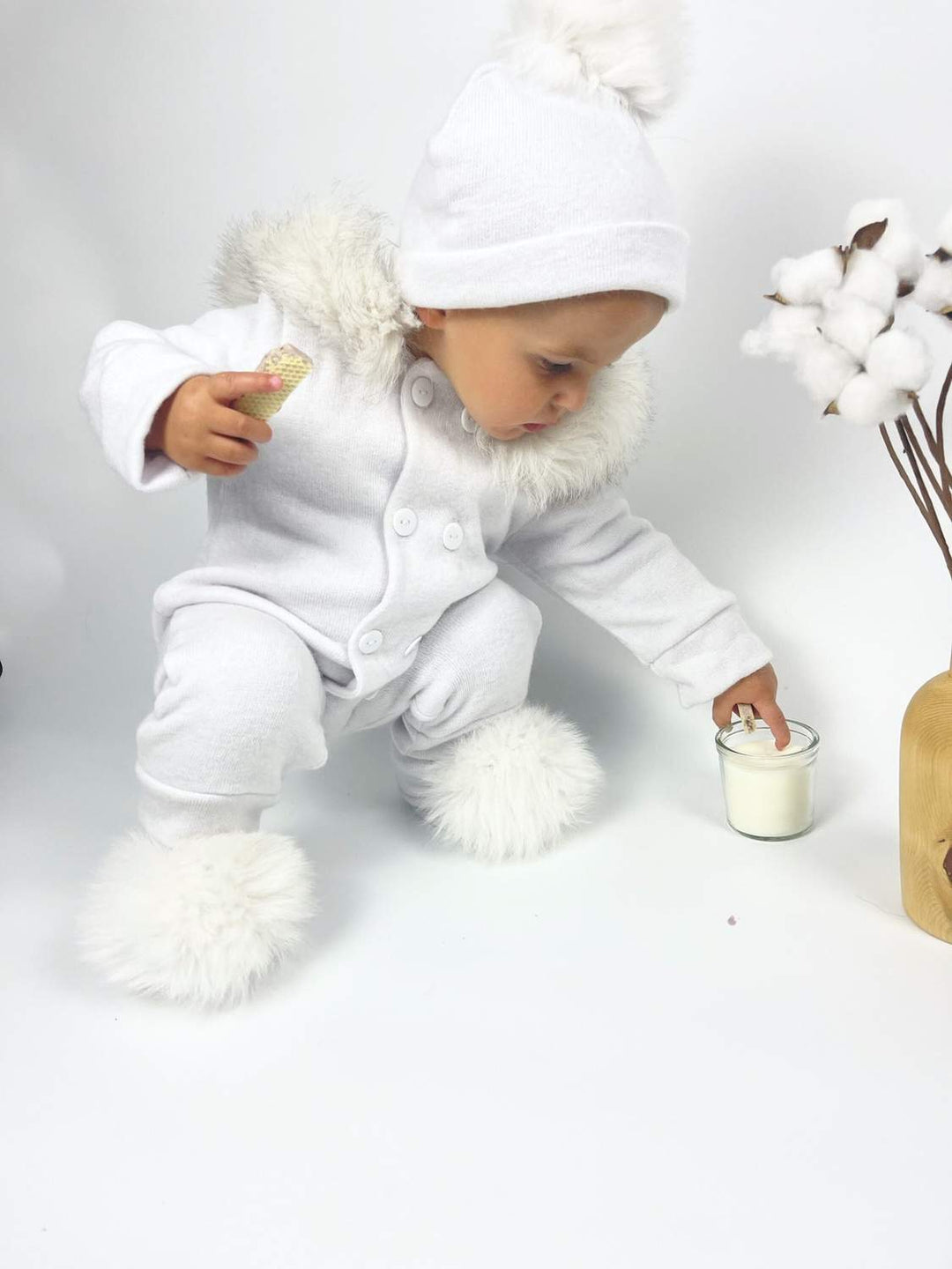 Cozy Baby Romper with Fur Trim - Snowy White