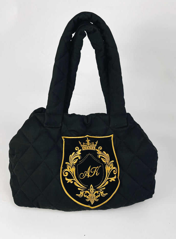Personalized Quilted Baby Diaper Bag - Black & Gold Stylish Mommy Bag | Custom Embroidered Name