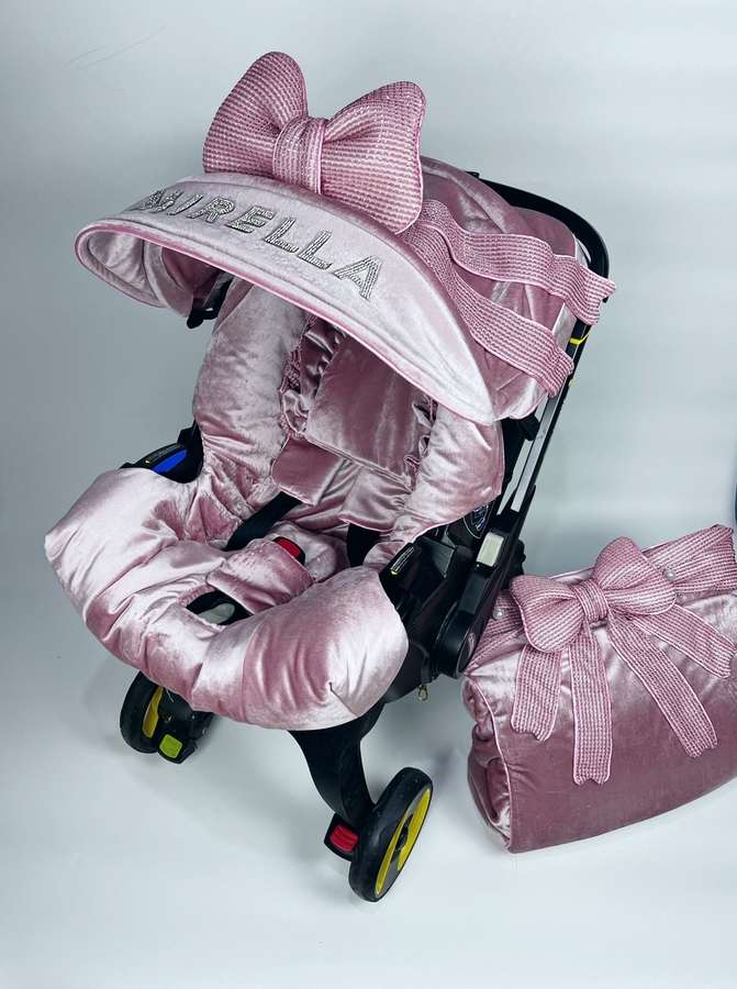 Cute Personalized Toddler Car Seat Cover - Compatible with Doona , Leather Canopy, Pink Color Print Overlay, Ears and Bow, Best Custom Baby Girl Accessory, Mom Gift