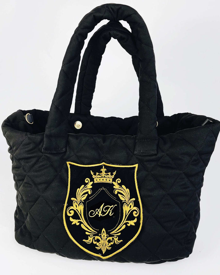 Personalized Quilted Baby Diaper Bag - Black & Gold Stylish Mommy Bag | Custom Embroidered Name