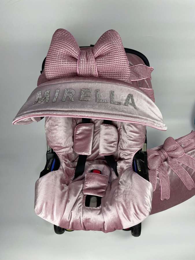 Cute Personalized Toddler Car Seat Cover - Compatible with Doona , Leather Canopy, Pink Color Print Overlay, Ears and Bow, Best Custom Baby Girl Accessory, Mom Gift
