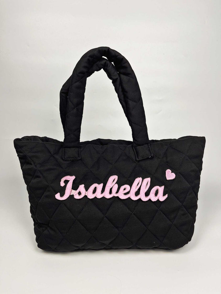 🖤 Personalized Quilted Baby Diaper Bag | Custom Embroidered Mommy Shoulder Bag – Black & Pink