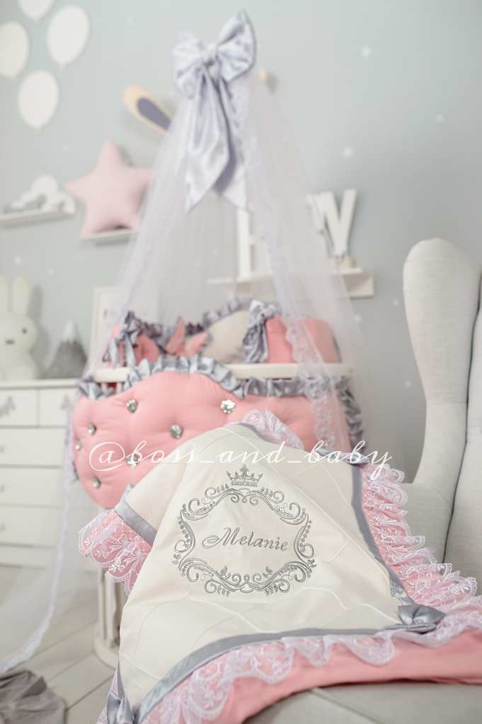 Luxury Baby Bedding Set - Personalized Round Crib Set with Embroidered Crown | Pink & White Royal Nursery Decor