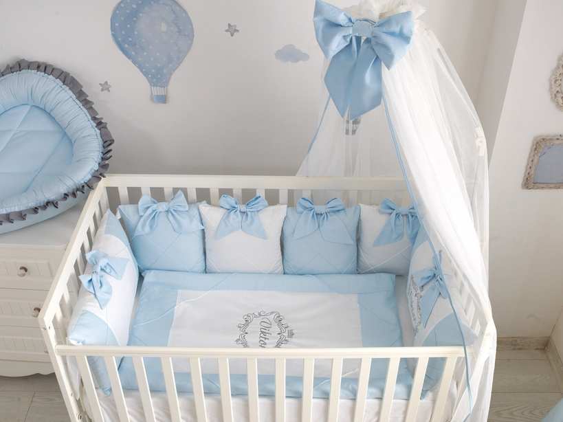 Custom Silver Name Light Blue Baby Blanket for Boys Crib Bedding Set
