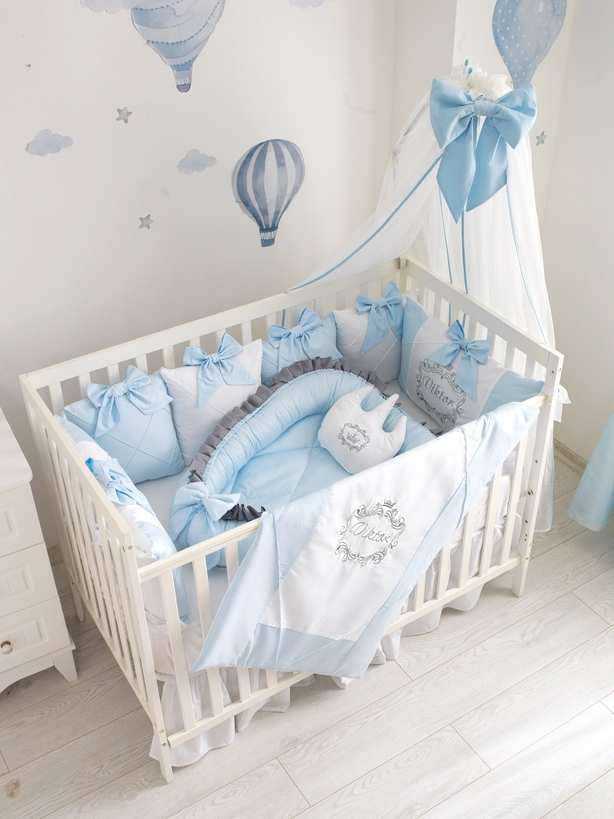 Custom Silver Name Light Blue Baby Blanket for Boys Crib Bedding Set