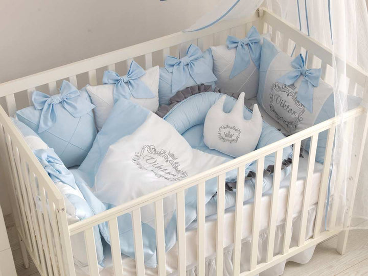 Custom Silver Name Light Blue Baby Blanket for Boys Crib Bedding Set